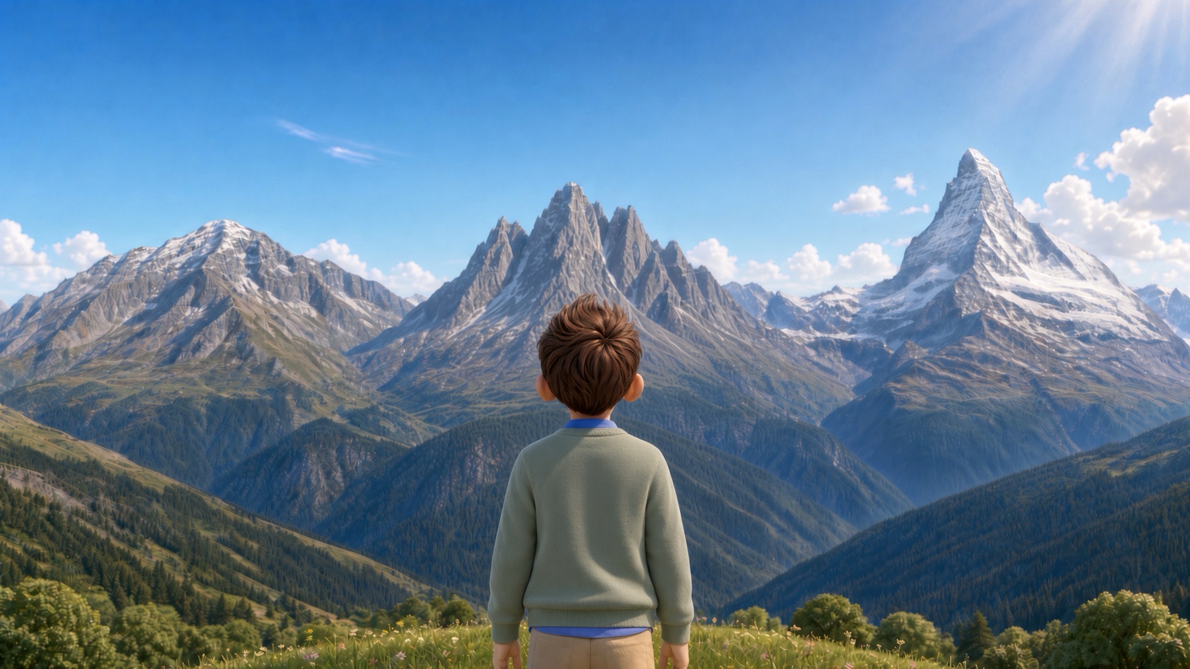 A boy standing in a meadow, looking at the mountains
